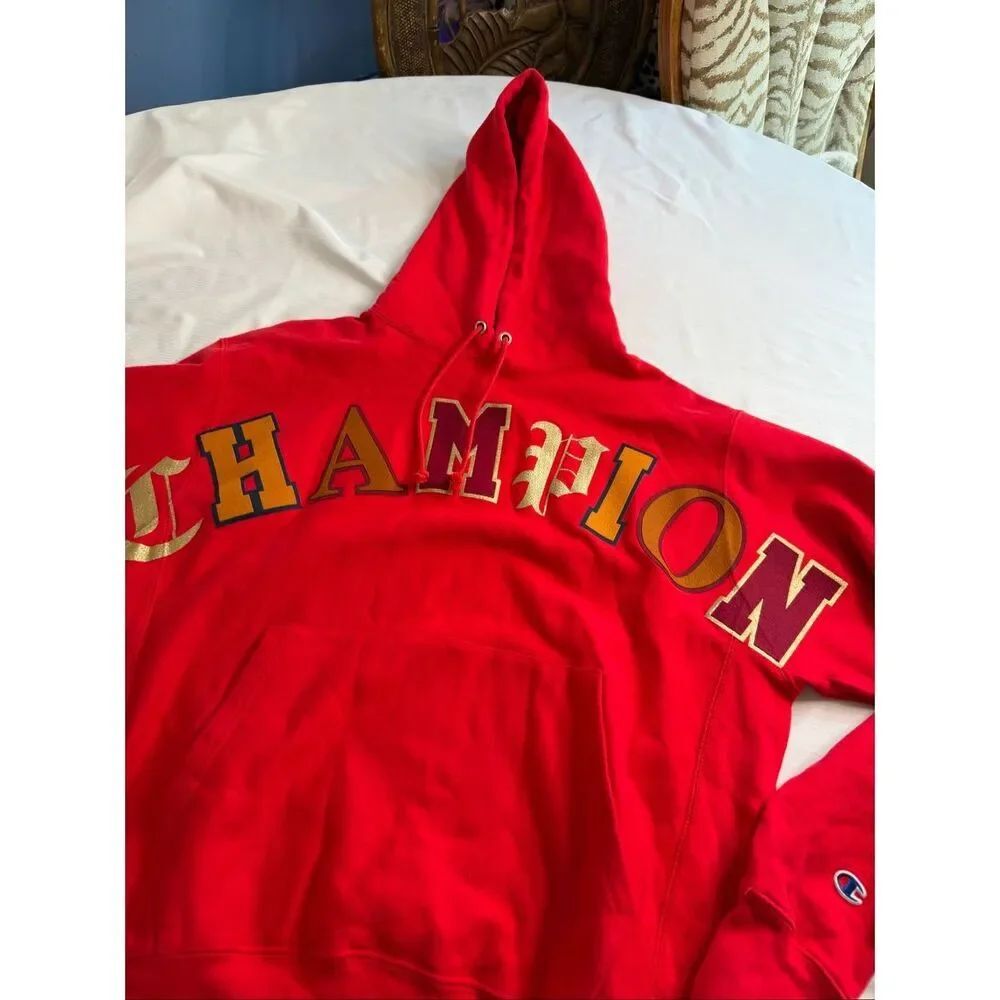 Vintage Champion Spellout Hoodie Red Old English Print Y2K Reverse Weave Large - Picture 2 of 10